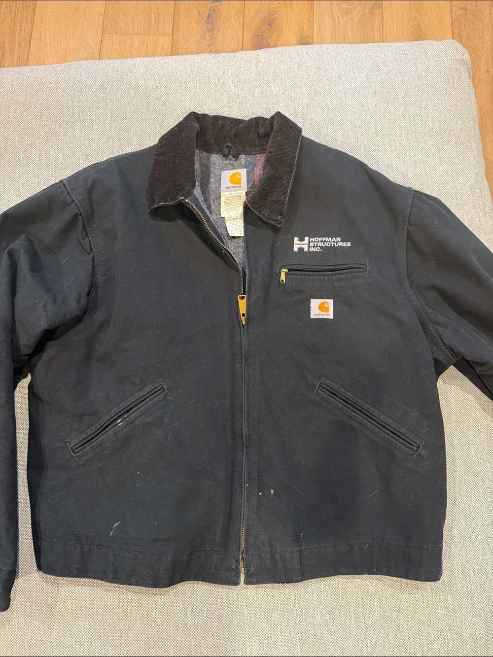 Carhartt J01 Black Work Jacket w/ Brown Corduroy Collar - Embroidered Sz 48 - XL